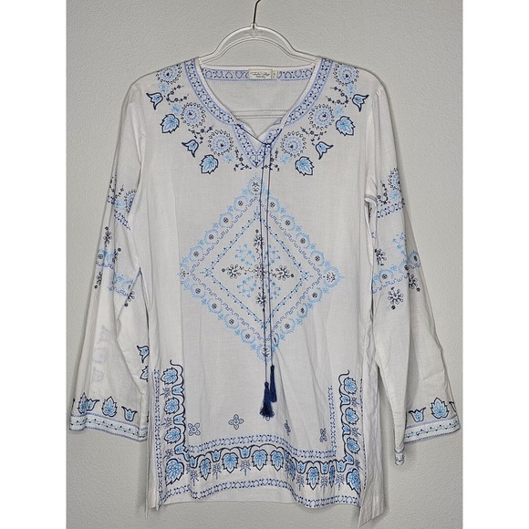 Tasha Polizzi Baja Blues Embroidered White Cotton Blouse Tunic Top Sz Medium - Picture 12 of 12